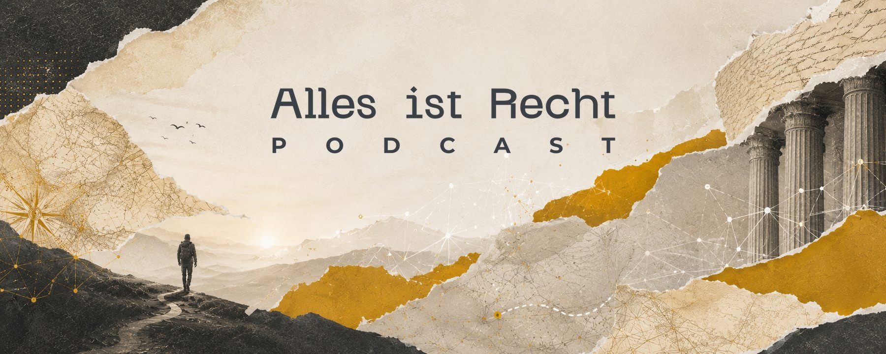 Collage aus dem Podcast-Artwork: Wanderer, Landkarte, Säulen